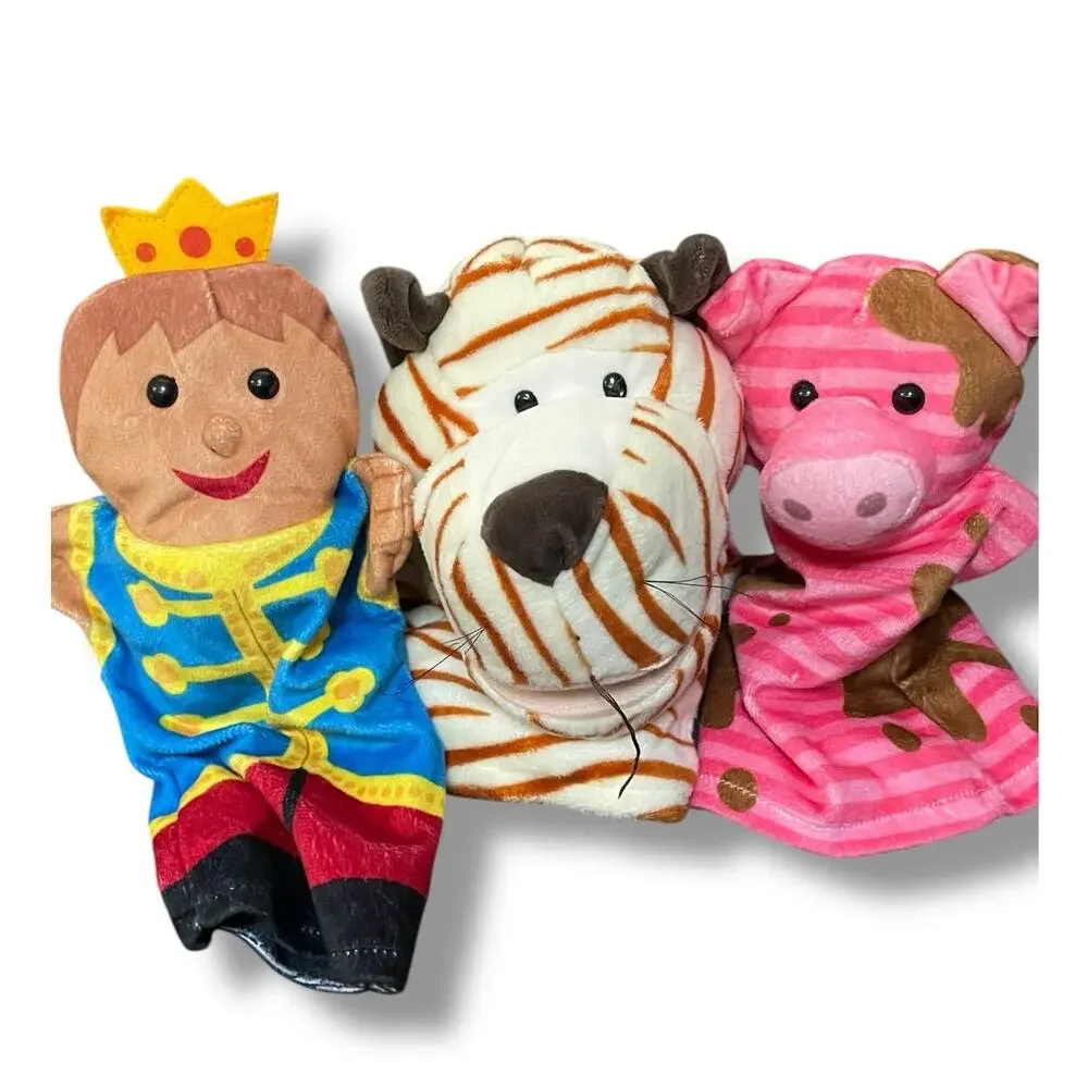 Melissa & Doug Hand Puppets Prince Cow Tiger Plush Pretend Play Drama Set Lot 3